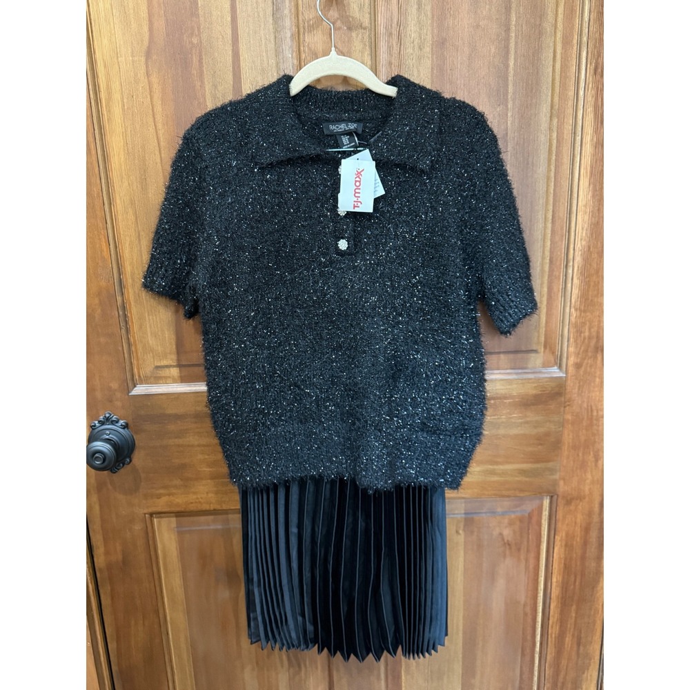 Rachel Zoe NWT Womens Black Metallic Knit Polo Top & Pleated Midi Skirt Set Med